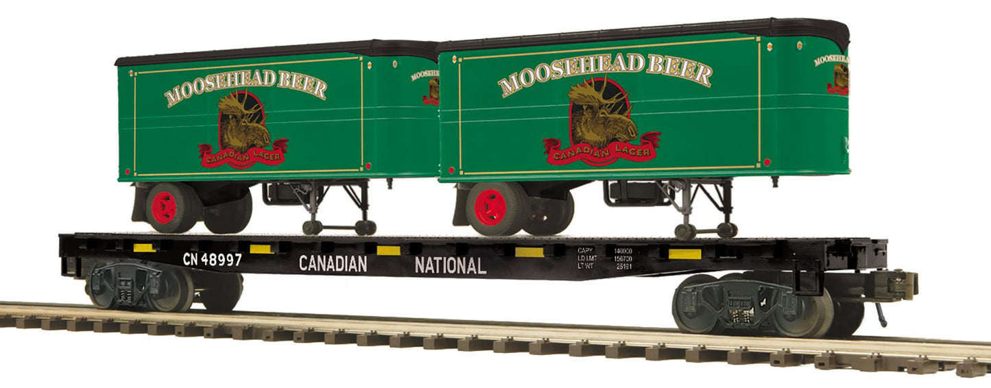 E-Z Catch Custom MTH Premier # 20-95760 Canadian National Flat with Moosehead Beer Pup Trailers Rd # 48997