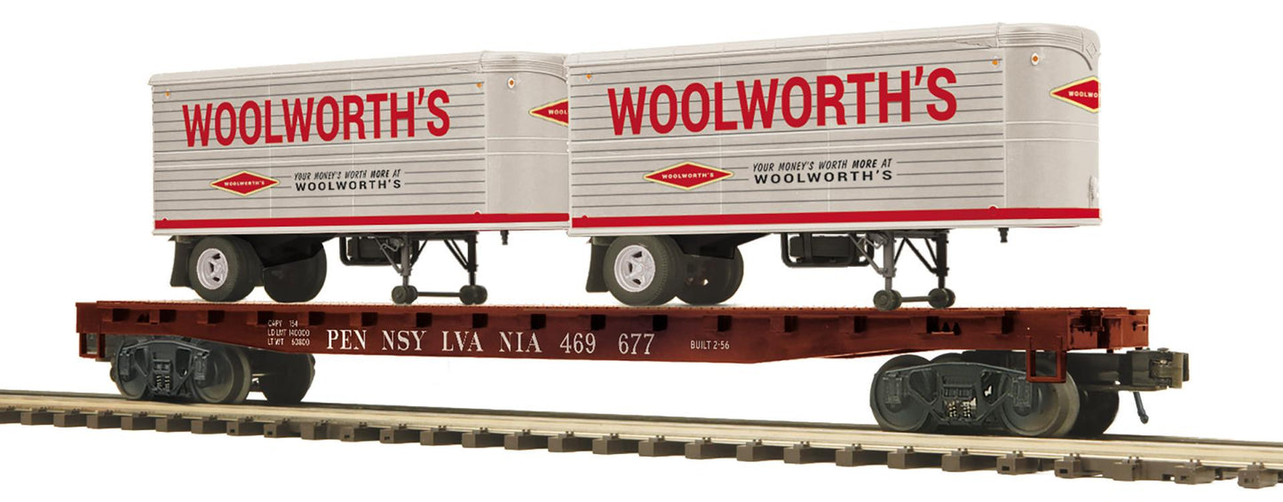 ( SOLD OUT ) MTH Premier # 20-95763 Woolworth's Pup Trailers on Pennsy Flat Car # 469677