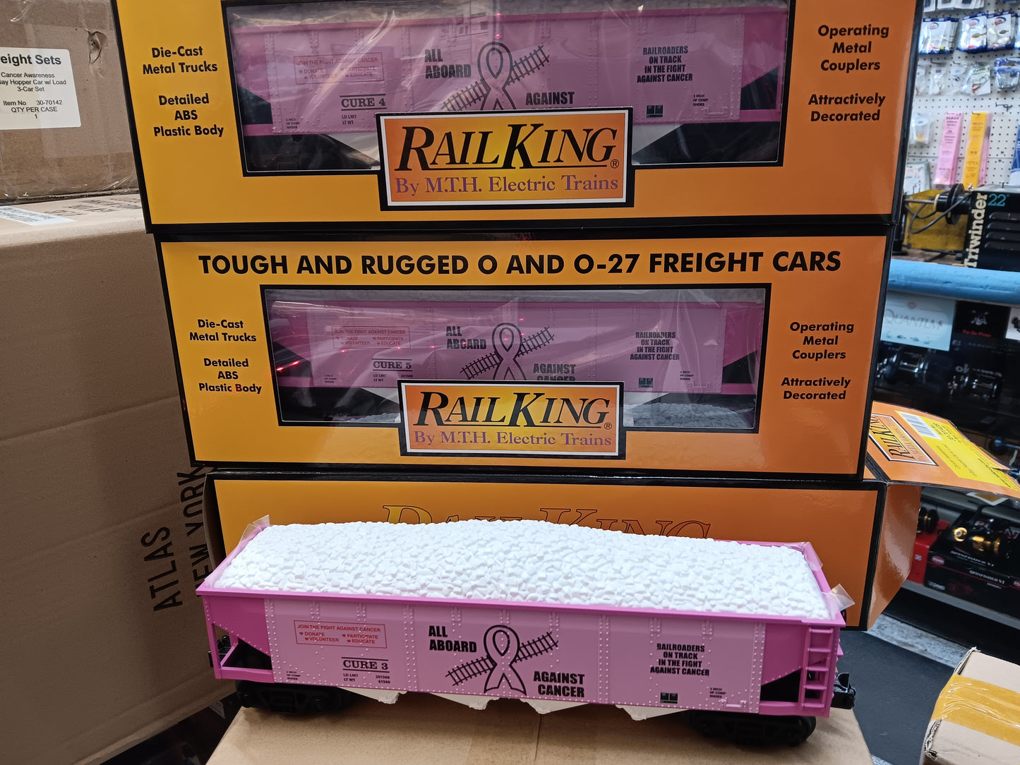In Stock, Tariff fee included, ( Cancer Awareness 3-Car set ) E-Z Catch Custom Railking Hoppers with White Coal Load