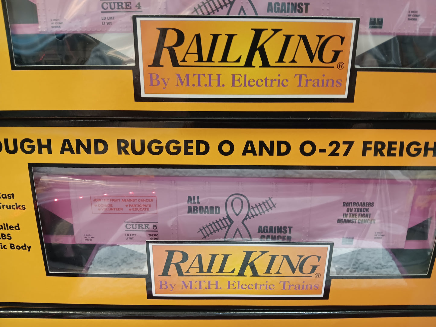 In Stock, Tariff fee included, ( Cancer Awareness 3-Car set ) E-Z Catch Custom Railking Hoppers with White Coal Load