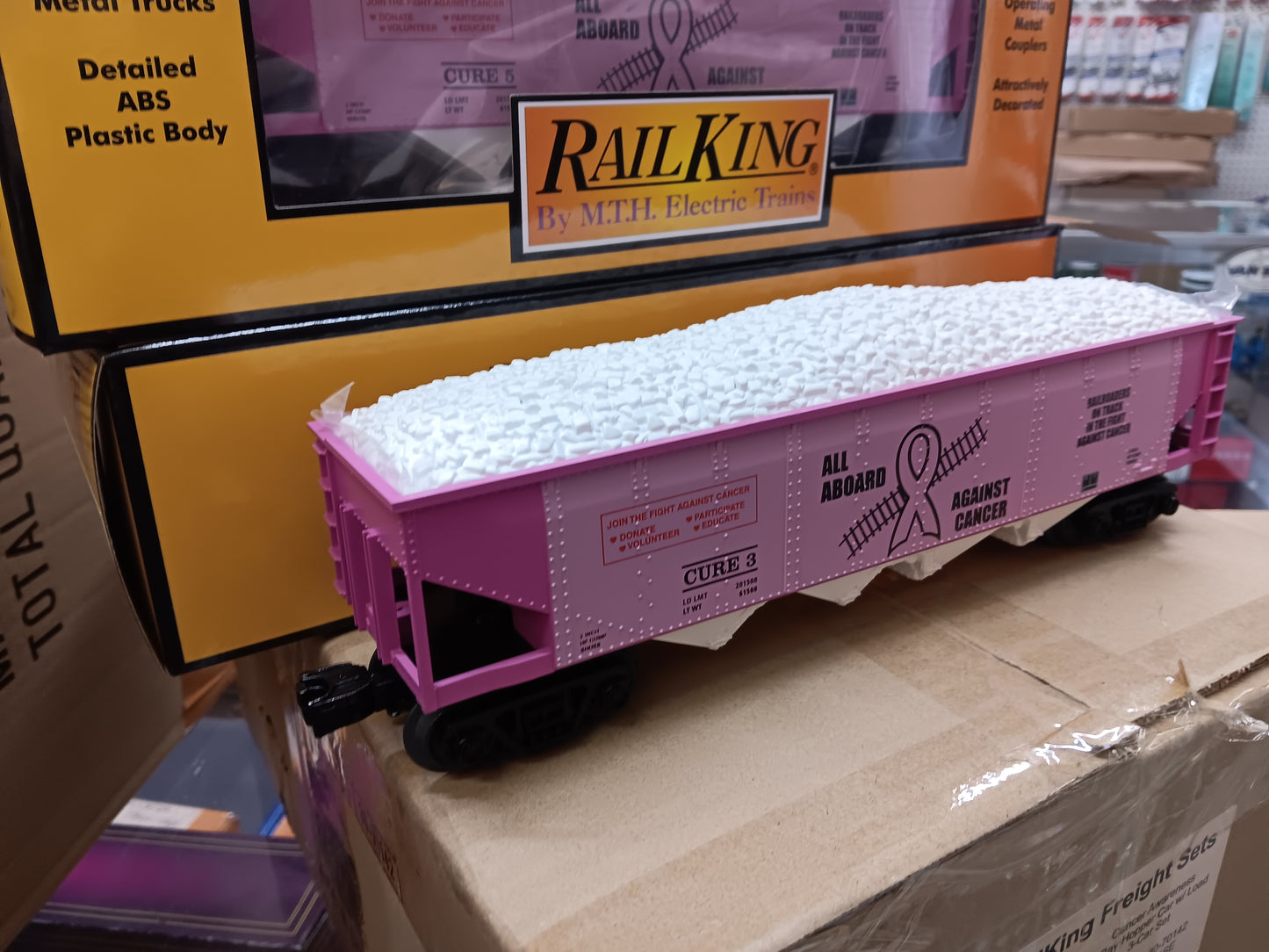 In Stock, Tariff fee included, ( Cancer Awareness 3-Car set ) E-Z Catch Custom Railking Hoppers with White Coal Load