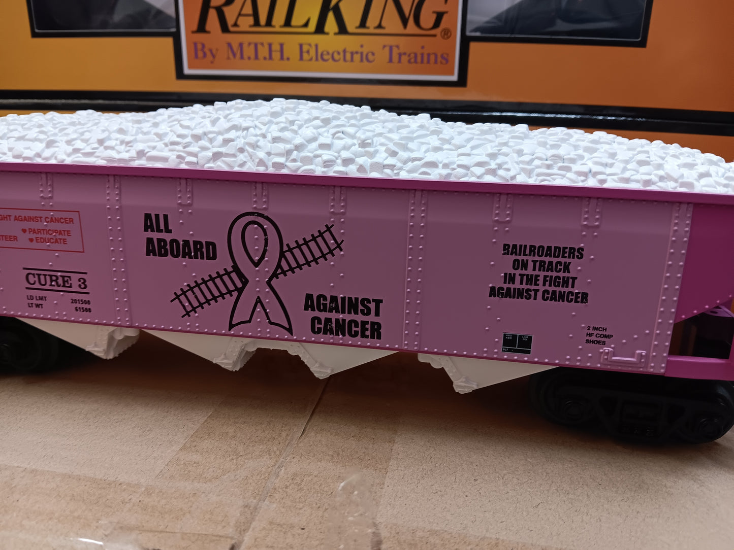 In Stock, Tariff fee included, ( Cancer Awareness 3-Car set ) E-Z Catch Custom Railking Hoppers with White Coal Load