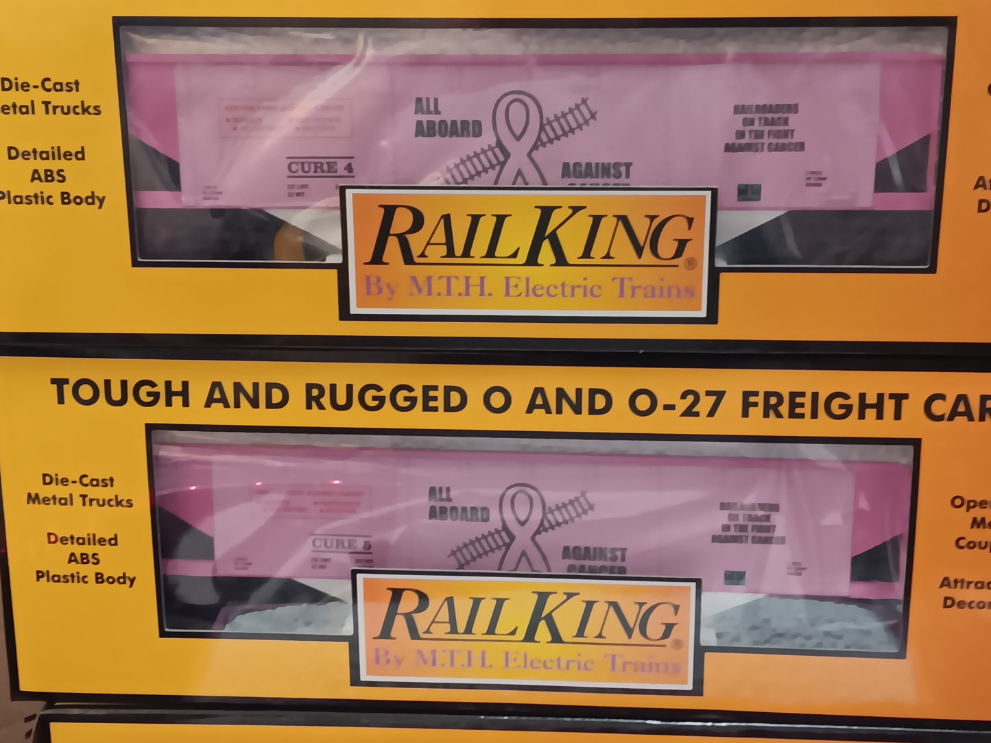 In Stock, Tariff fee included, ( Cancer Awareness 3-Car set ) E-Z Catch Custom Railking Hoppers with White Coal Load