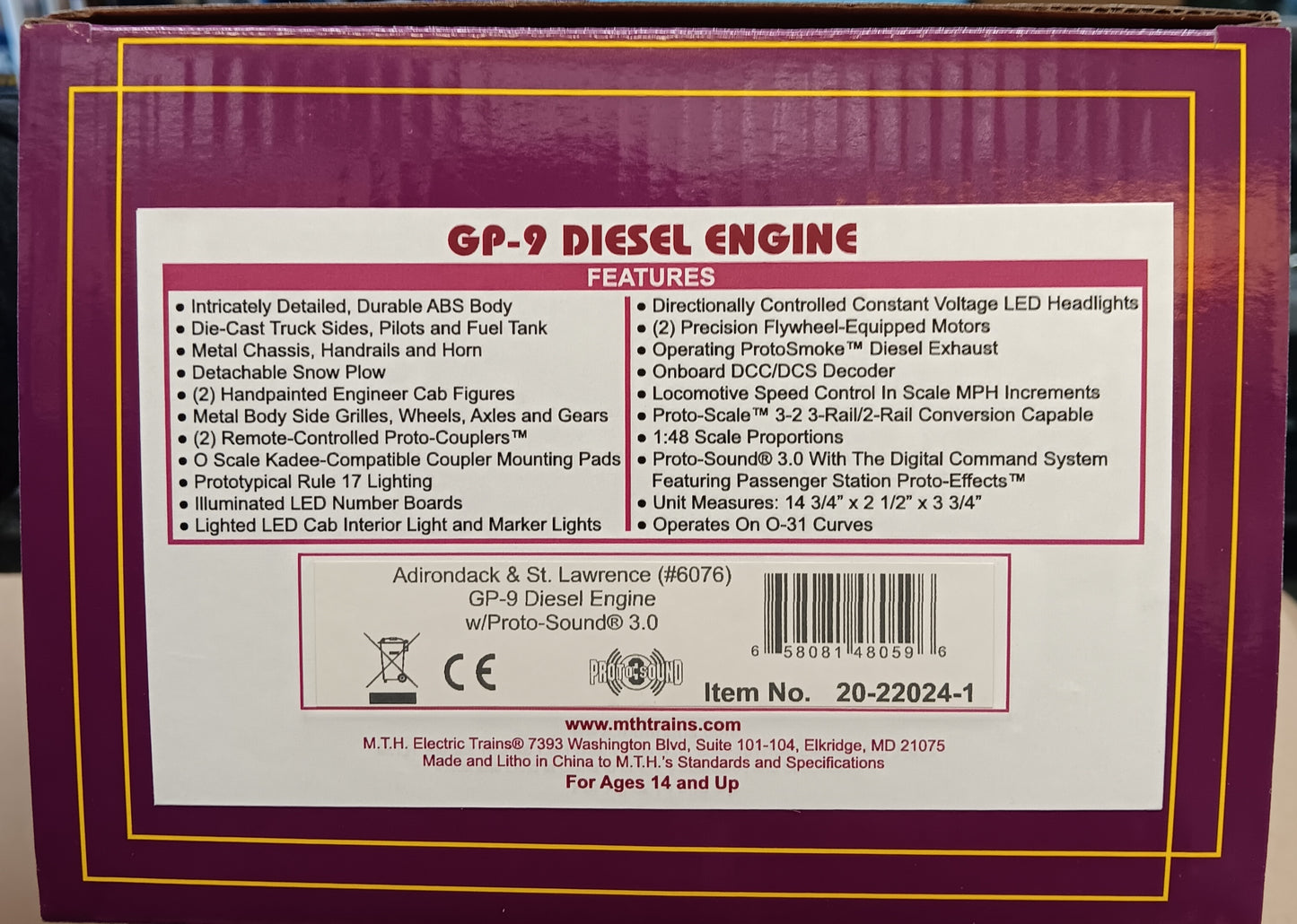 ( SOLD OUT ) MTH Premier O Scale # 20-22024-1 Custom Run Adirondack & St. Lawrence GP-9 # 6076 & Exclusive Adirondack Scenic Railroad 60’ Streamlined 4 Car Passenger Set