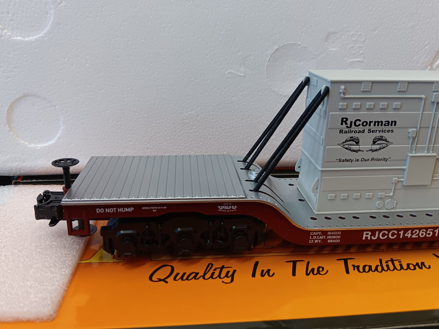 ( Now in Stock ) MTH Custom Railking RJ Corman Dep. Center Flat Car w/Transformer Load Rd # RJCC142651
