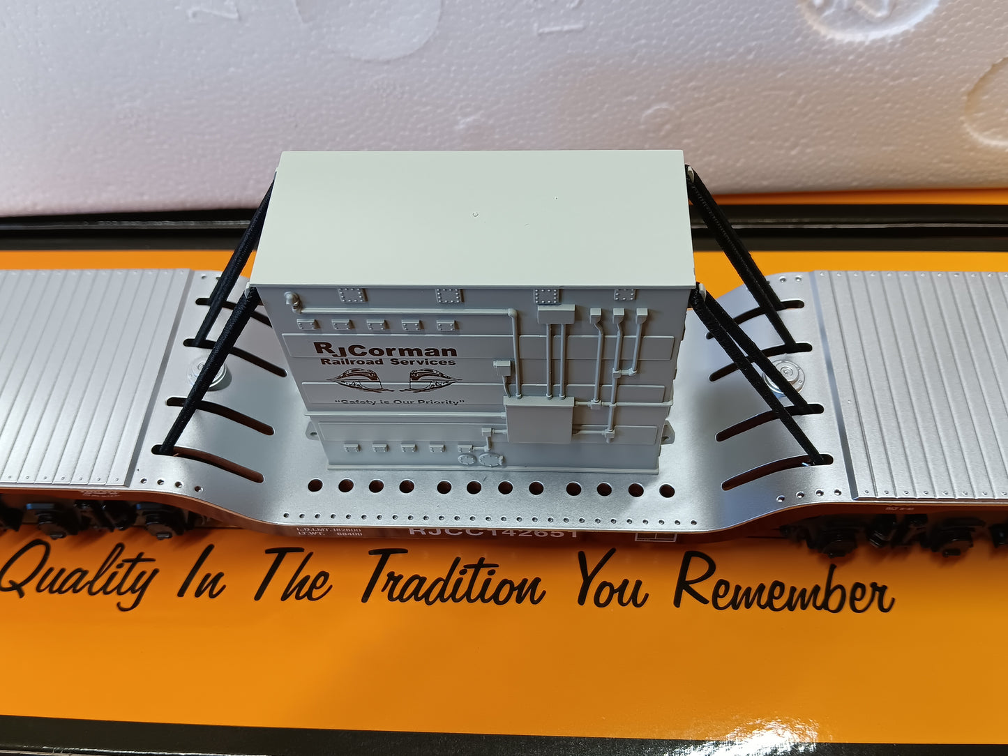 ( Now in Stock ) MTH Custom Railking RJ Corman Dep. Center Flat Car w/Transformer Load Rd # RJCC142651