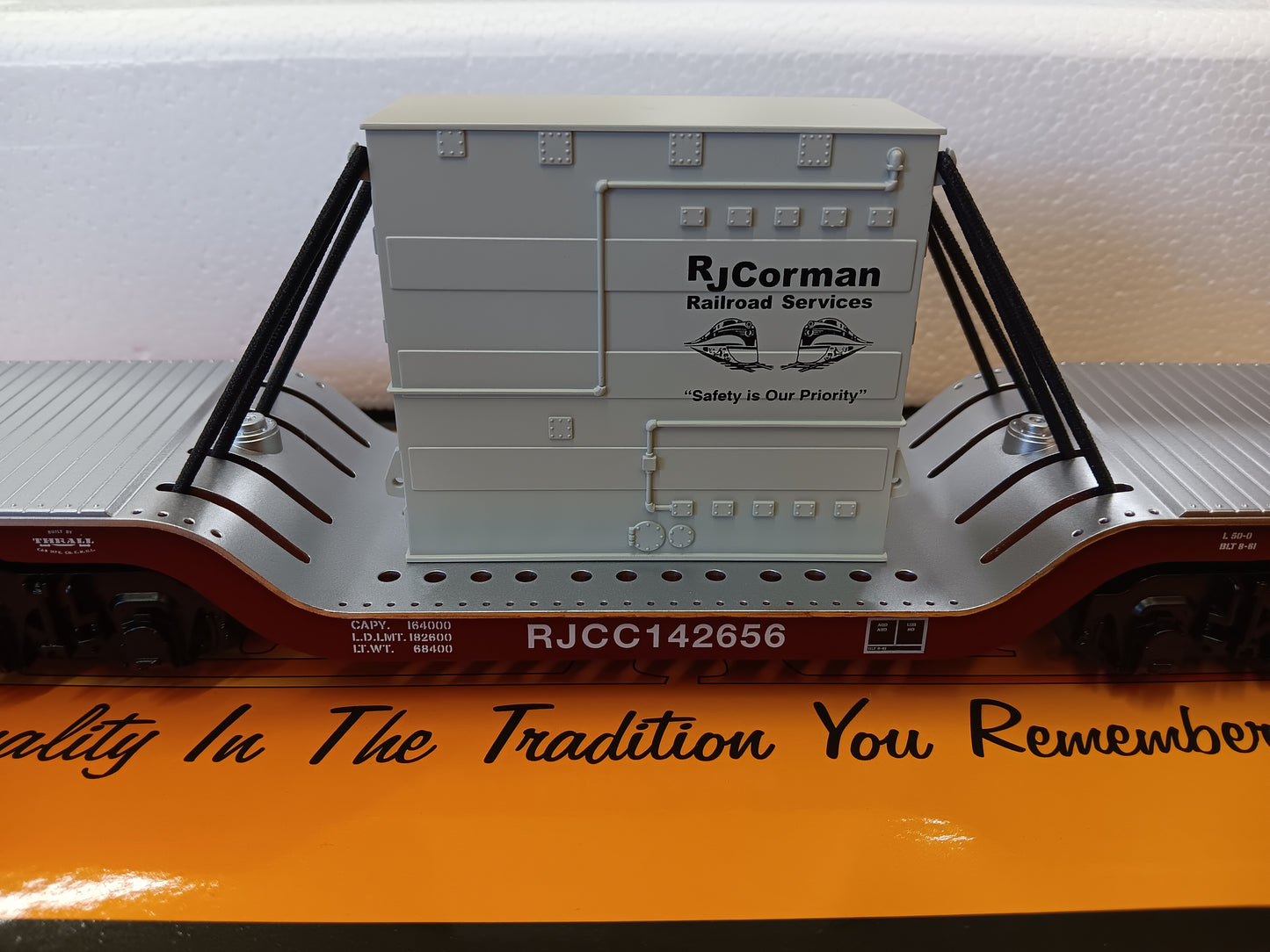 ( Now in Stock ) MTH Custom Railking RJ Corman Dep. Center Flat Car w/Transformer Load Rd # RJCC142656