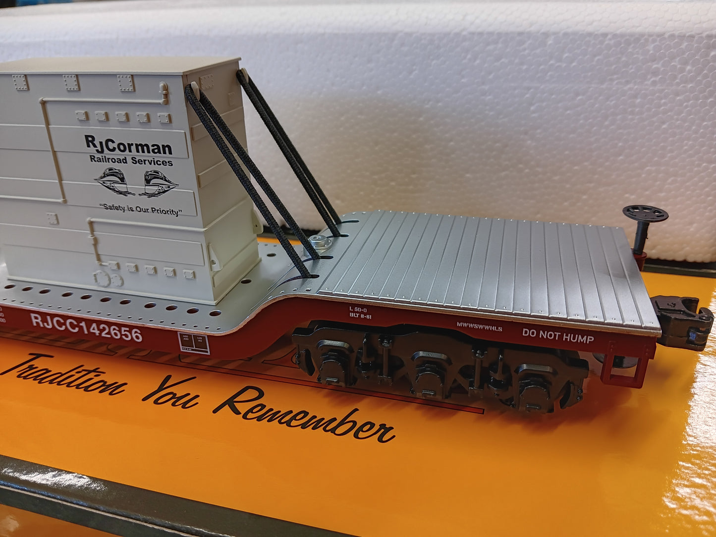 ( Now in Stock ) MTH Custom Railking RJ Corman Dep. Center Flat Car w/Transformer Load Rd # RJCC142656