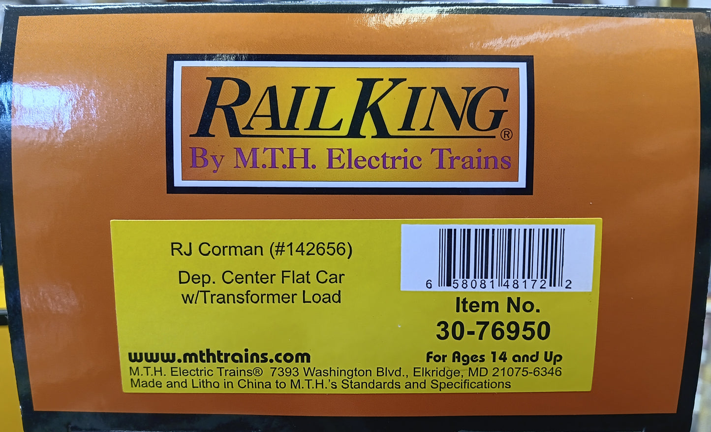 ( Now in Stock ) MTH Custom Railking RJ Corman Dep. Center Flat Car w/Transformer Load Rd # RJCC142656