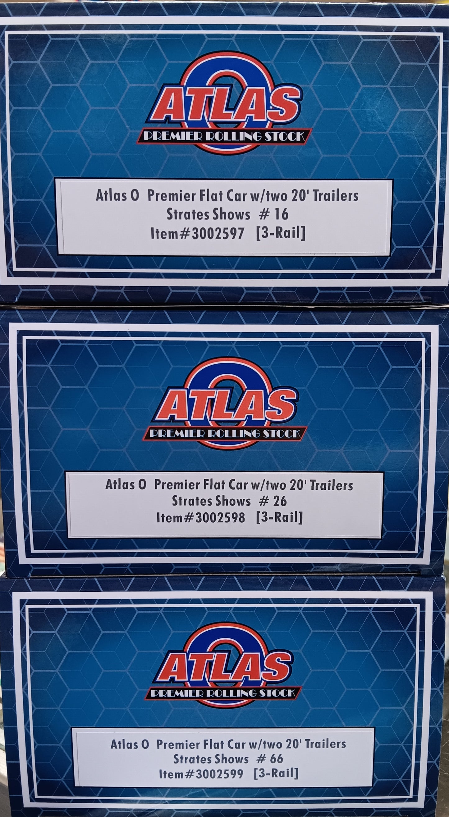 Atlas O # 3002597, 3002598, & 3002899 * 3 Car Set * 3RL PREMIER FLAT CAR W/TWO 20' TRAILERS STRATES SHOWS #16, #26, and #66