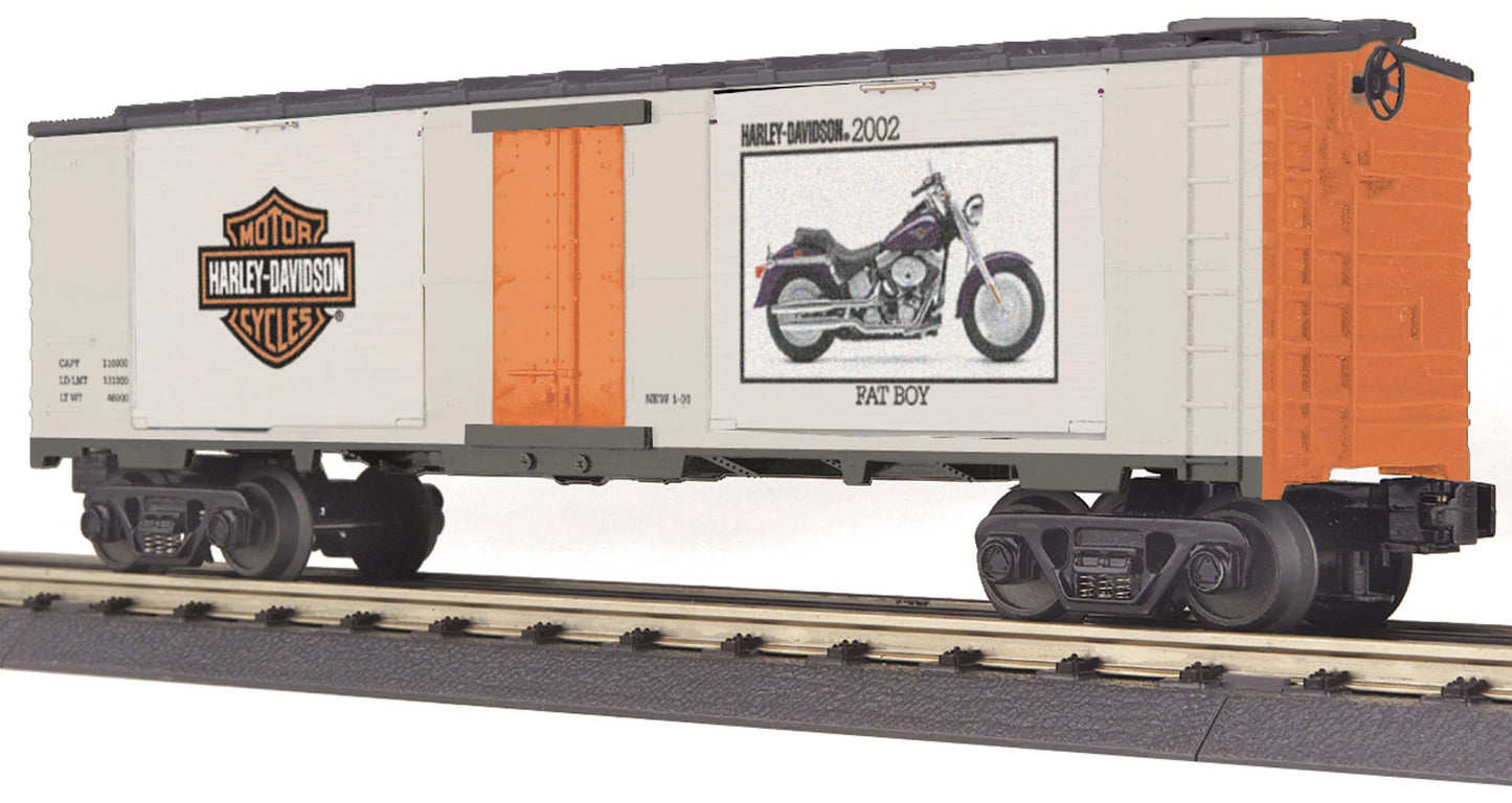 Brand New MTH Railking # 30-74198 ( 40' Window Box Car) w/(2) 2002 Fat Boy - Harley-Davidson
