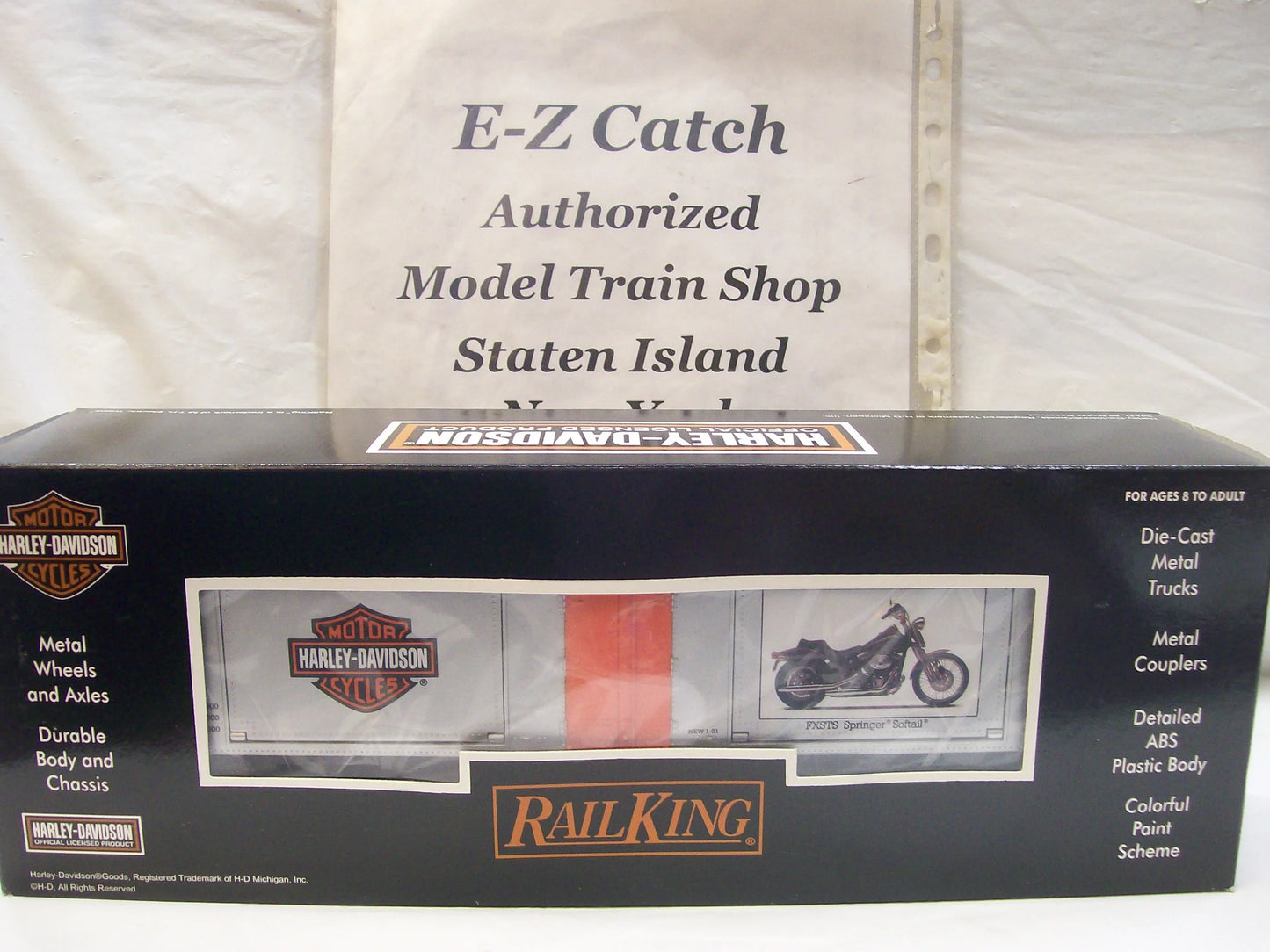 MTH # 30-74294 ( 40' Window Box Car) with (2) 2001 Springer Softail - Harley-Davidson