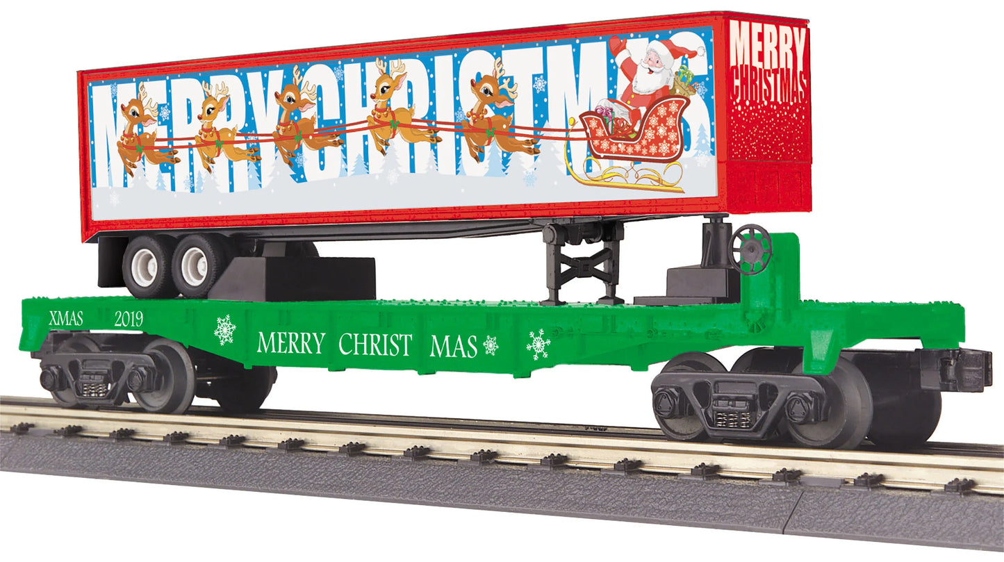 MTH # 30-76779 ( O Gauge ) Railking Merry Christmas Flat Car w/40' Removable Trailer