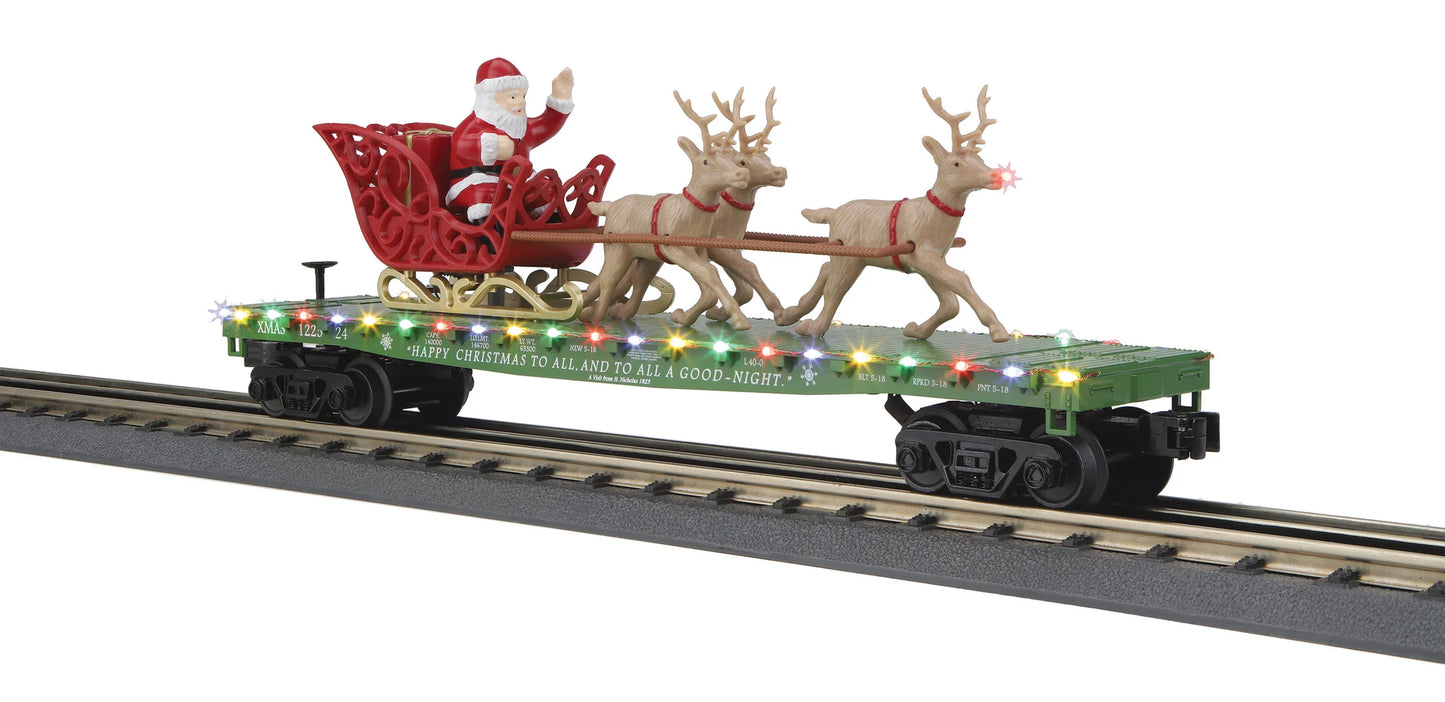 MTH ( Green Version ) Year 2024 RailKing Flat Car w/LED Lights, Santa Sleigh & Reindeer