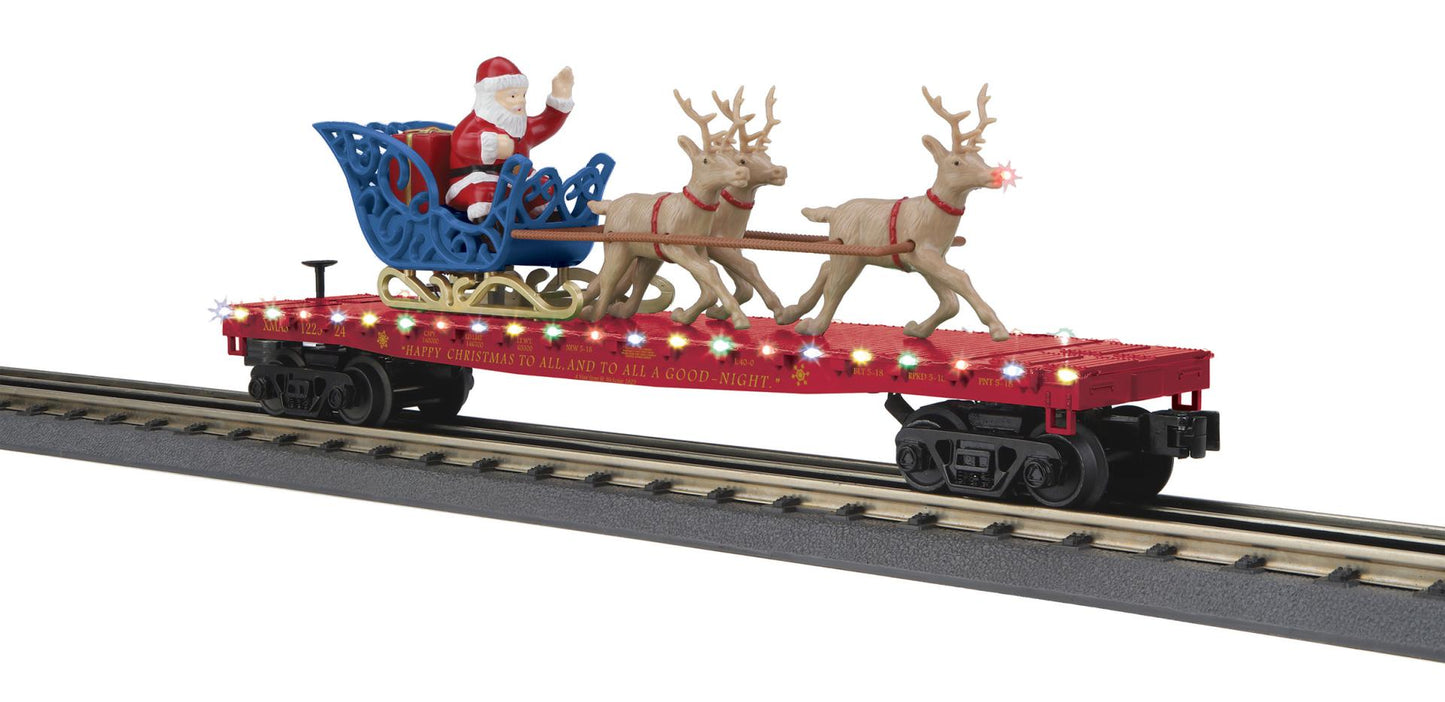 MTH RailKing # 30-76921 North Pole (Maroon) O Gauge Flat Car w/LED Lights, Santa Sleigh & Reindeer