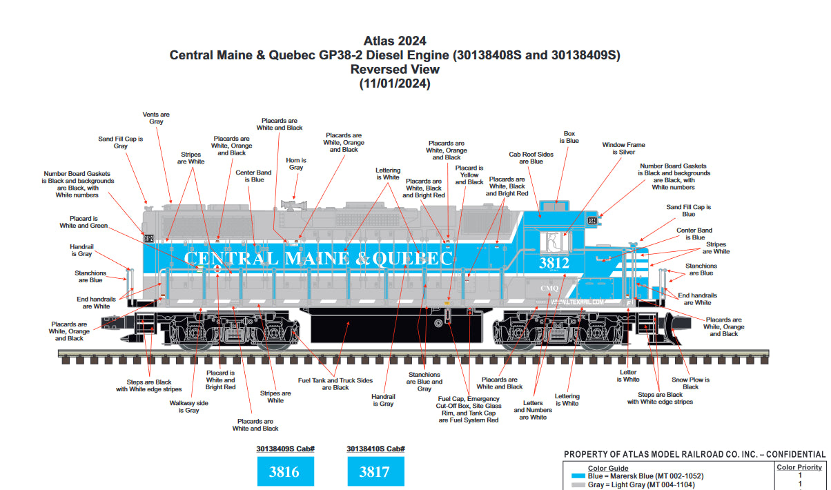 Now IN STOCK, Limited Run ( E-Z Catch Custom Atlas O GP38-3 Central Maine & Quebec Cab # 3812 ( 3-Rail )
