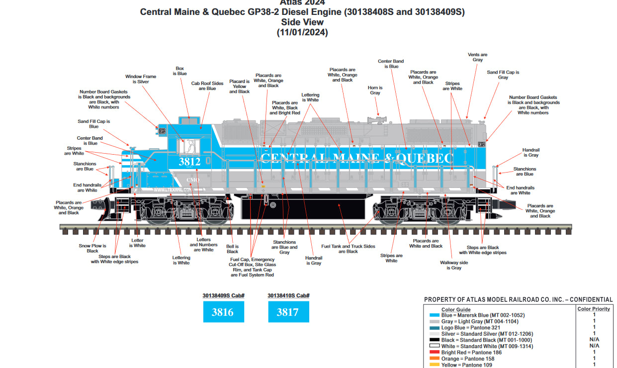 Now IN STOCK ( E-Z Catch Custom Atlas O GP38-3 Central Maine & Quebec Cab # 3816 ( 3-Rail )