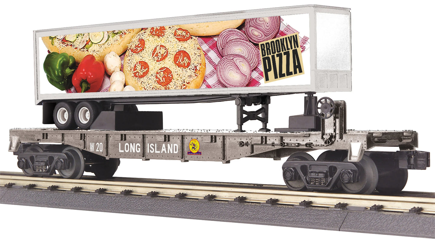 MTH # 30-76814 ( O Gauge ) Railking Long Island (Brooklyn Pizza) Flat Car w/40' Trailer
