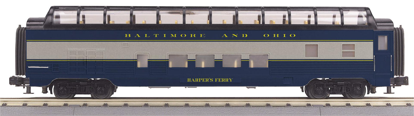 *PRE-ORDER* MTH RailKing # 30-68336 Baltimore & Ohio 60’ Streamlined Full-Length Vista Dome Car Harper's Ferry O Gauge (ETA 2027)