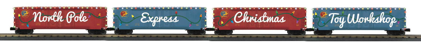 *PRE-ORDER* MTH RailKing # 30-70171 O Gauge North Pole 4-Car 50’ Double Door Plugged Boxcar Set W/ LED Lights Car # 122526, 122527, 122528, 122529