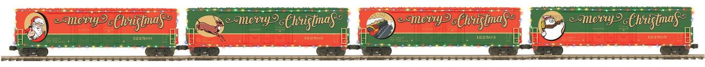 *PRE-ORDER* MTH Premier # 20-92452 O Scale Christmas 4-Car 50’ Dbl. Door Plugged Boxcar Set Car # ‘s 122500, 122502, 122503, 122505 (ETA Nov 2026)