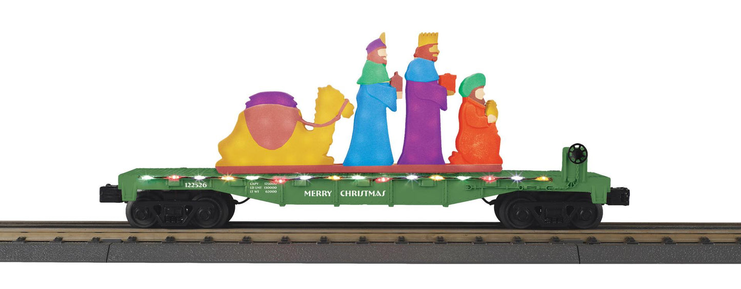 *PRE-ORDER* MTH RailKing # 30-76997 O Gauge Christmas Flat Car w/Lighted Wise Men Scene Car # 122526 (ETA Nov 2026)