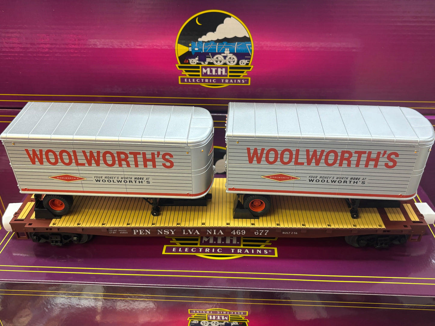 ( SOLD OUT ) MTH Premier # 20-95763 Woolworth's Pup Trailers on Pennsy Flat Car # 469677