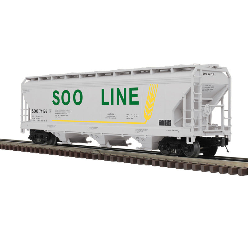 PRE-ORDER Atlas O Premier #3003099 3-BAY CENTERFLOW HOPPER CARS SOO Choose Rd # 74176 or 74230 (WHITE/GREEN/YELLOW) - 3RL