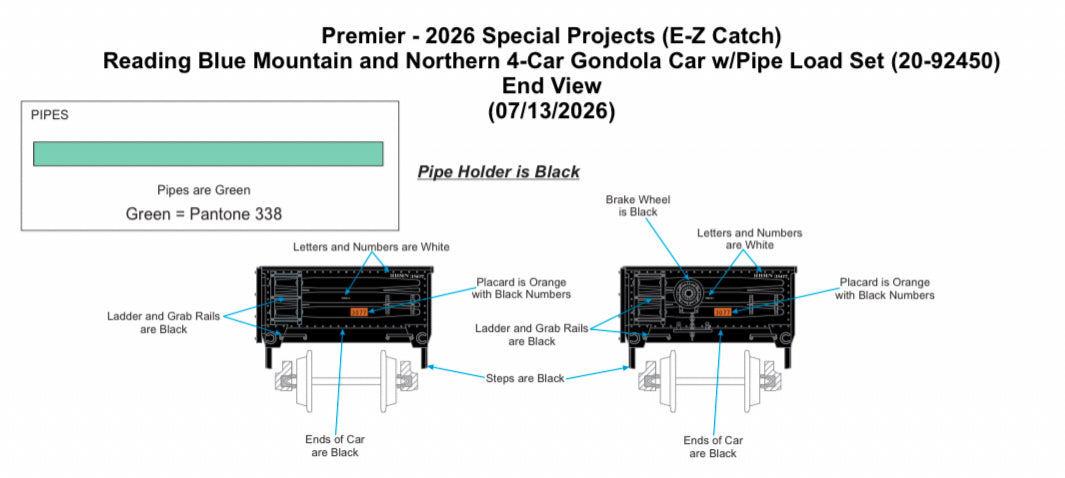 *PRE-ORDER* E-Z Catch Exclusive MTH Premier # 20-92450 Reading Blue Mountain & Northern 4-Car Gondola Car w/ Pipe Load Set - 3 Rail - ETA 2027