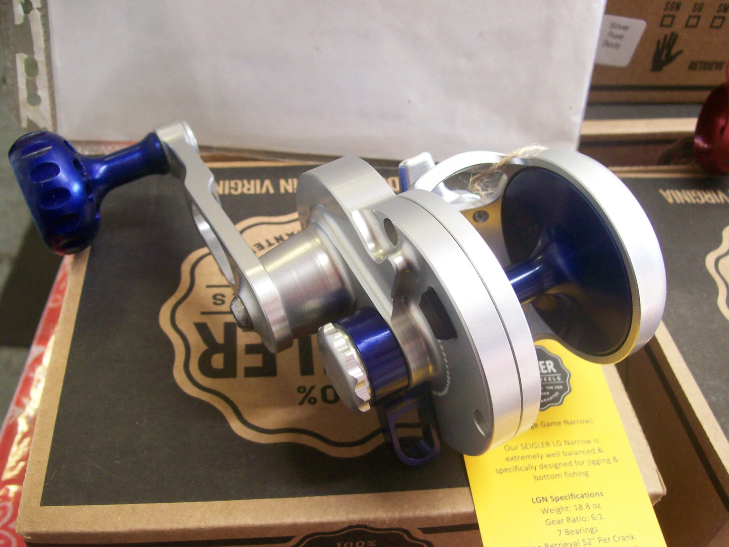 NEW Seigler LGN (Narrow Spool Large Game) Left Hand Lever Drag Silver & Blue