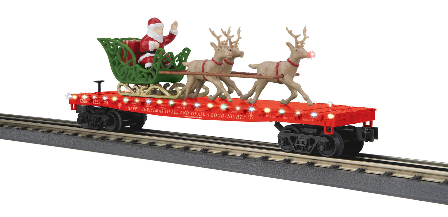 In Stock MTH ( RED ) Year 2024 RailKing Flat Car w/LED Lights, Santa Sleigh & Reindeer