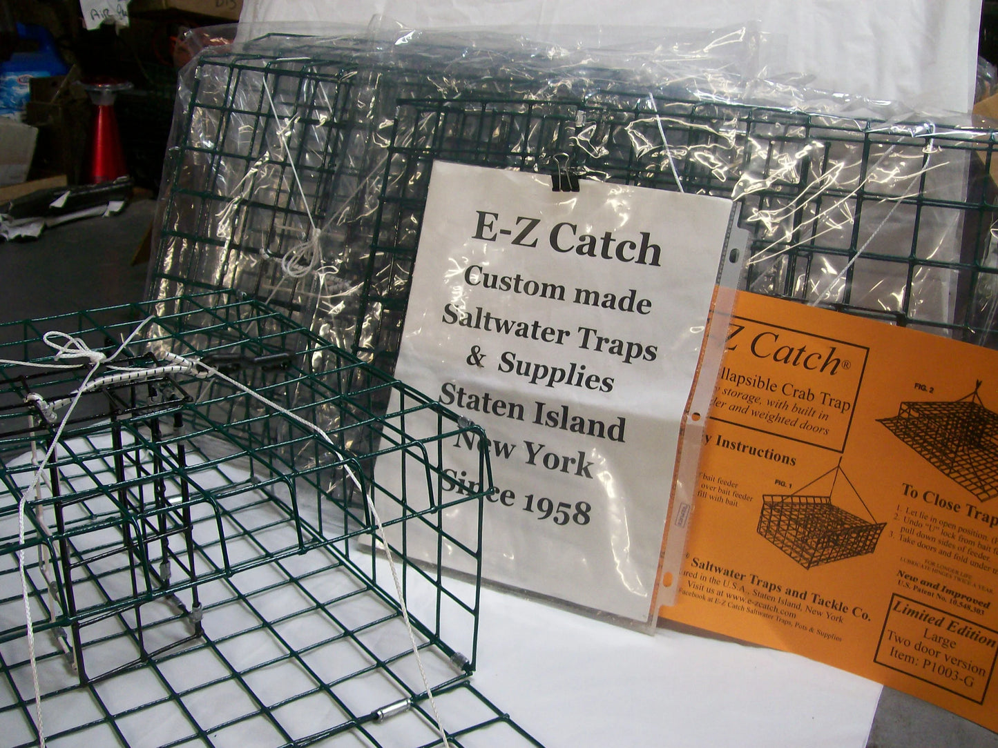 E-Z Catch 6-Pack ( Patent ) Stow-A-Way 2-Door Folding Blue Crab Trap with Bait Holder P-1003-G