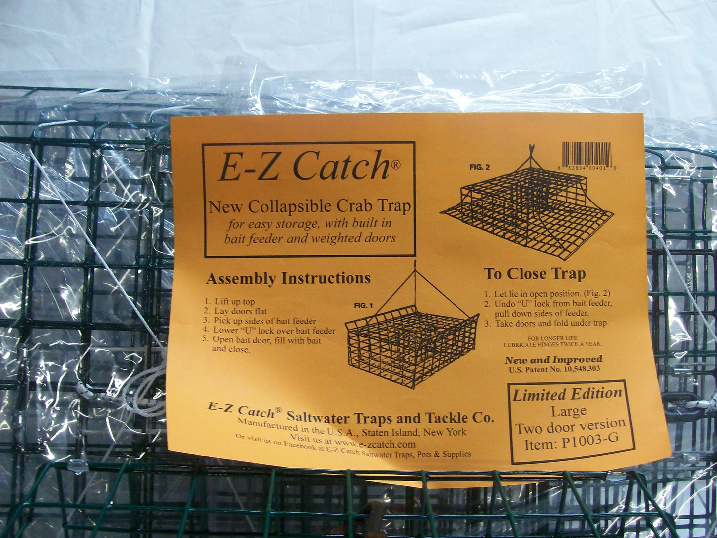 E-Z Catch 6-Pack ( Patent ) Stow-A-Way 2-Door Folding Blue Crab Trap with Bait Holder P-1003-G