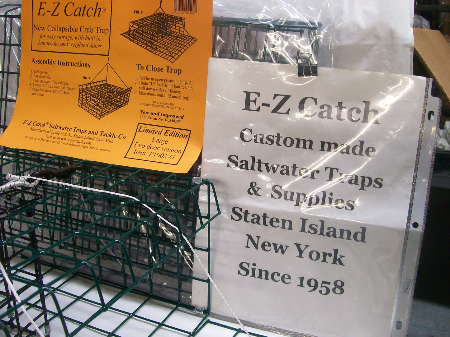 E-Z Catch 3-Pack ( Patent ) Stow-A-Way 2-Door Folding Blue Crab Trap with Bait Holder P-1003-G