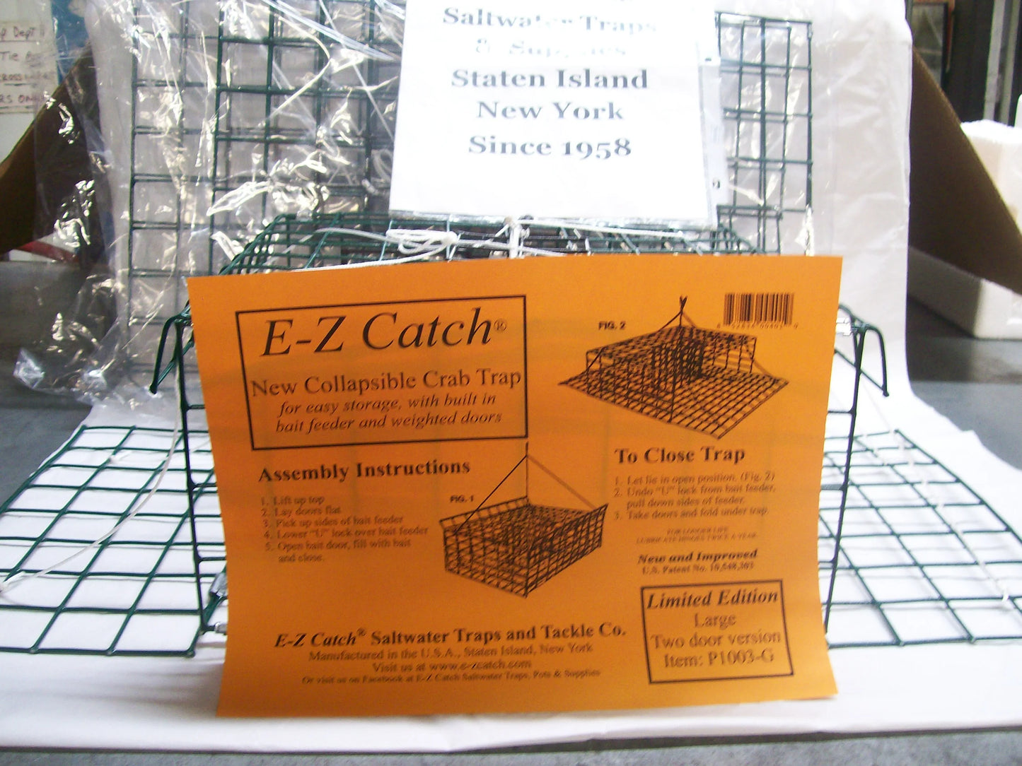 E-Z Catch 3-Pack ( Patent ) Stow-A-Way 2-Door Folding Blue Crab Trap with Bait Holder P-1003-G