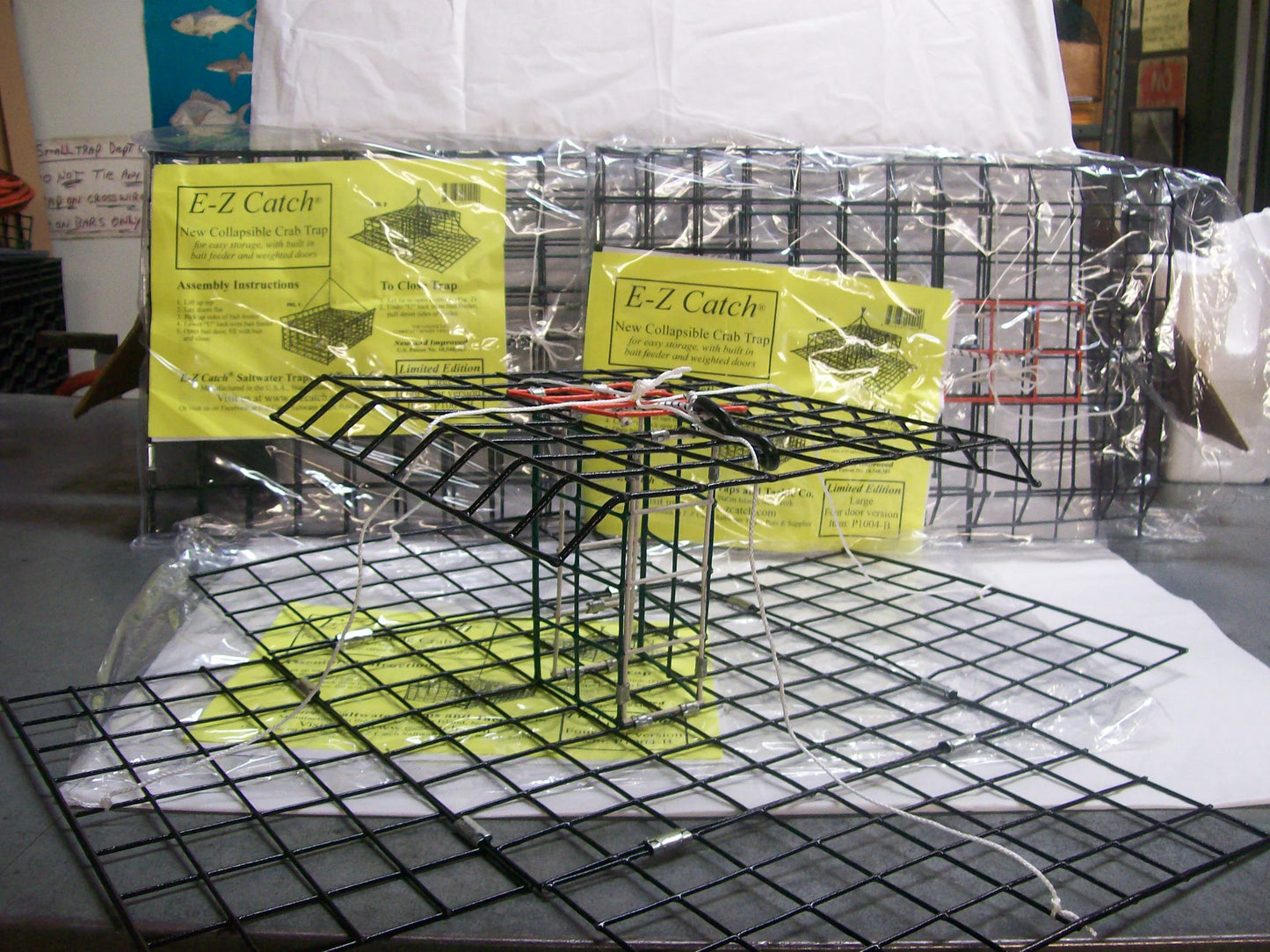 E-Z Catch 3-Pack ( Patent ) # P-1004-B Stow-A-Way 4-Door Folding Crab Trap w/Bait Holder