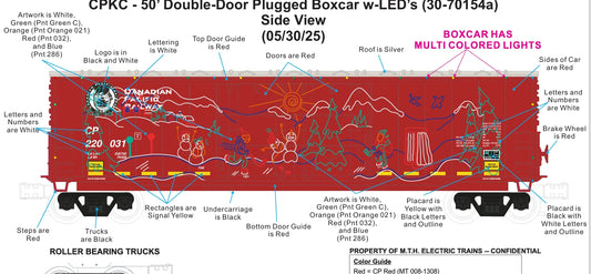 ( ETA December 2025 ) # 30-70154 ( E-Z Catch Custom )  RailKing CPKCS (Mural) 4-Car 50' DD Box Car with LEDs Set