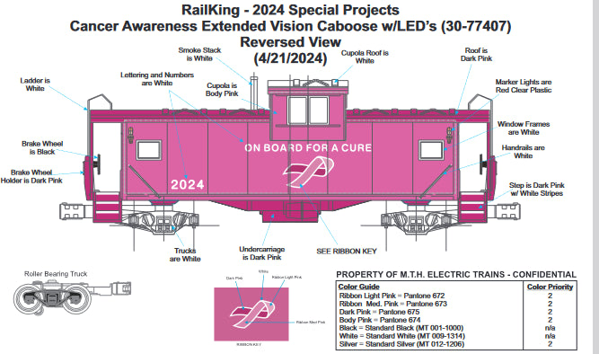 ( Sold Out ) ETA March 2025 ( E-Z Catch Custom Cancer Awareness ) MTH Extended Vision Caboose w/ LED Lights