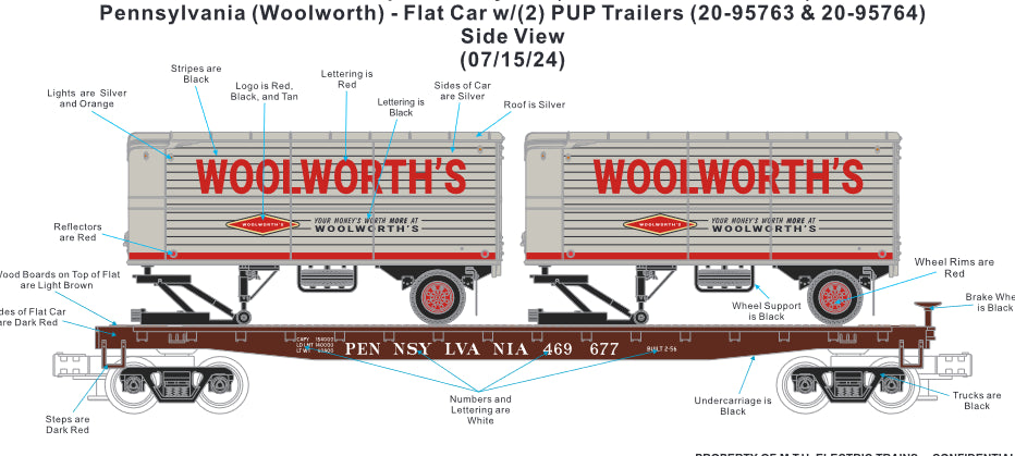 ( SOLD OUT ) MTH Premier # 20-95763 Woolworth's Pup Trailers on Pennsy Flat Car # 469677
