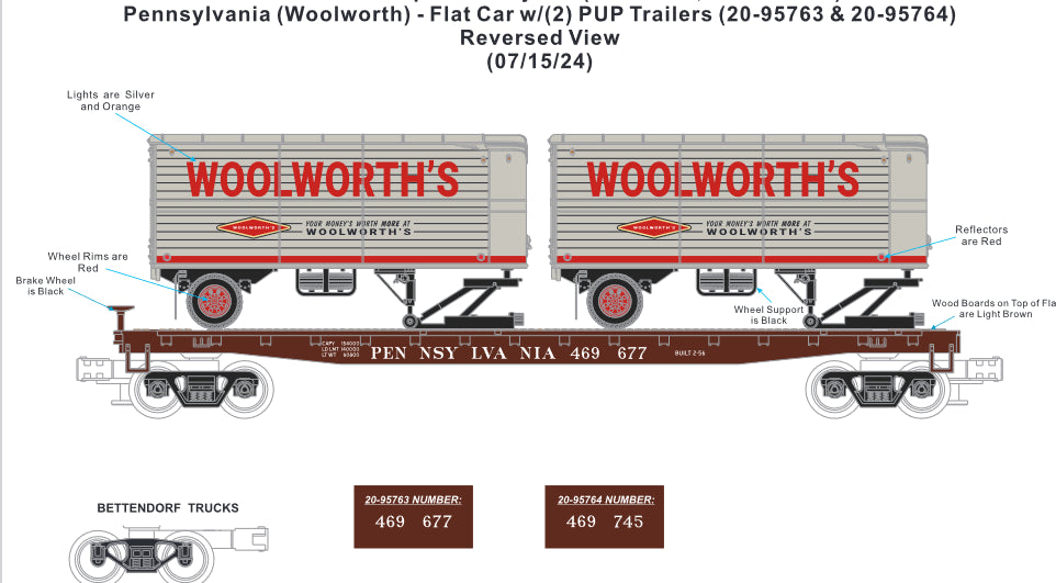 ( SOLD OUT ) MTH Premier # 20-95763 Woolworth's Pup Trailers on Pennsy Flat Car # 469677