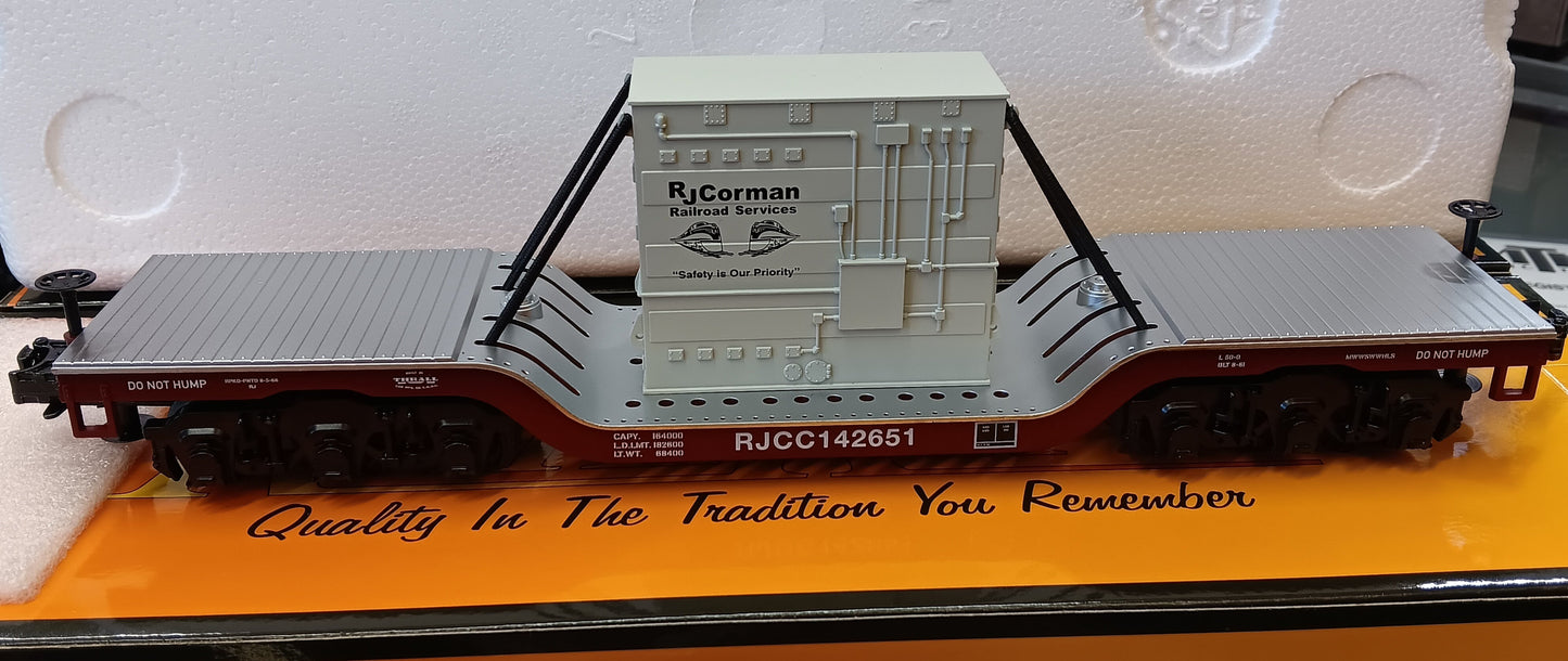 ( Now in Stock ) MTH Custom Railking RJ Corman Dep. Center Flat Car w/Transformer Load Rd # RJCC142651