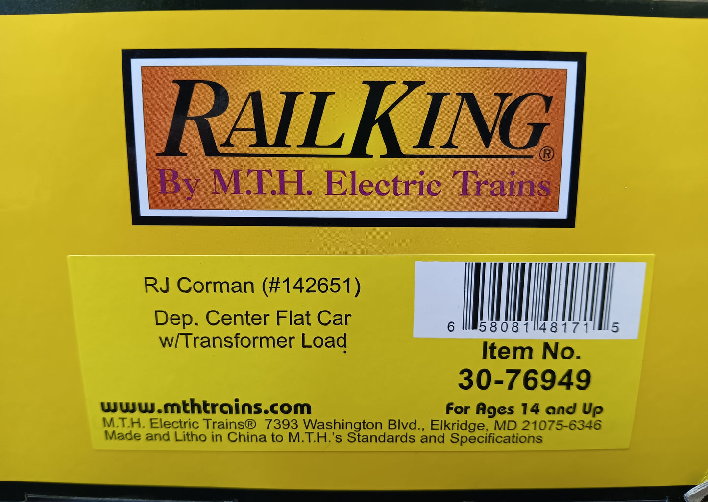 ( Now in Stock ) MTH Custom Railking RJ Corman Dep. Center Flat Car w/Transformer Load Rd # RJCC142651