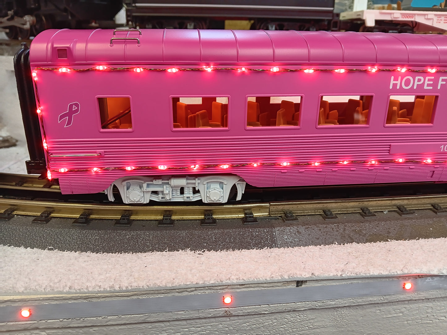 In Stock Cancer Awareness 60’ Streamlined Passenger w/ Red LED’s - Separate Sale Coach Car # 30-68296