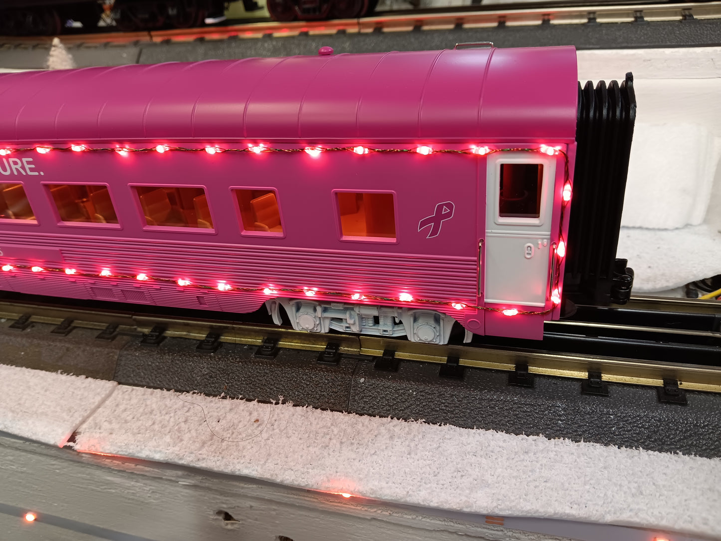 In Stock Cancer Awareness 60’ Streamlined Passenger w/ Red LED’s - Separate Sale Coach Car # 30-68296