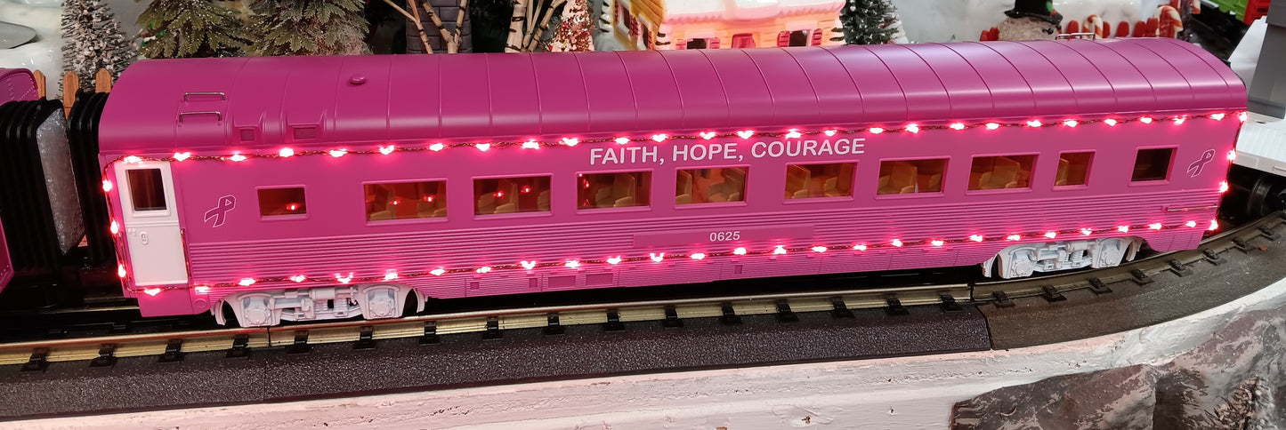 MTH E-Z CATCH CUSTOM FOUR CAR CANCER AWARENESS PASSENGER SET W/ RED LED LIGHTS