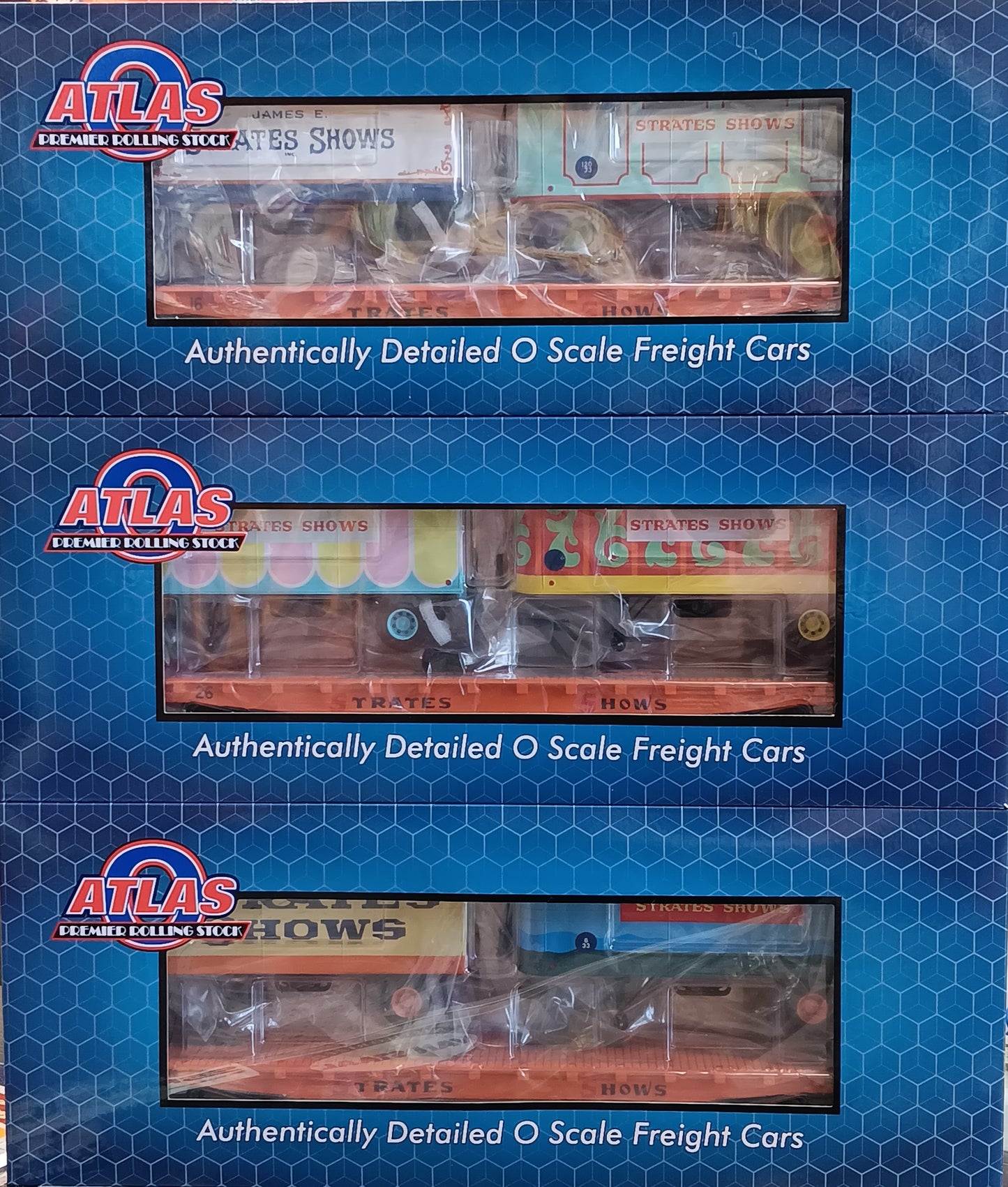 Atlas O # 3002597, 3002598, & 3002899 * 3 Car Set * 3RL PREMIER FLAT CAR W/TWO 20' TRAILERS STRATES SHOWS #16, #26, and #66