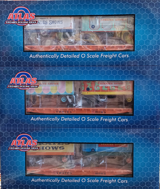 Atlas O # 3002597, 3002598, & 3002899 * 3 Car Set * 3RL PREMIER FLAT CAR W/TWO 20' TRAILERS STRATES SHOWS #16, #26, and #66