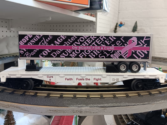 Custom MTH RailKing # 30‑76979 Cure 8 Cancer Awareness Flat Car w/ 40’ Trailer