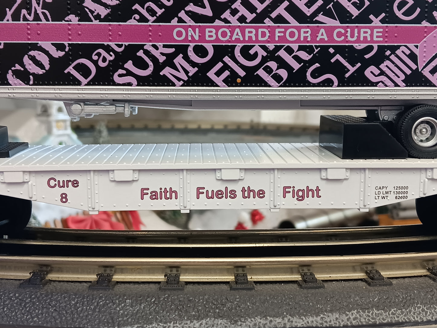 Custom MTH RailKing # 30‑76979 Cure 8 Cancer Awareness Flat Car w/ 40’ Trailer
