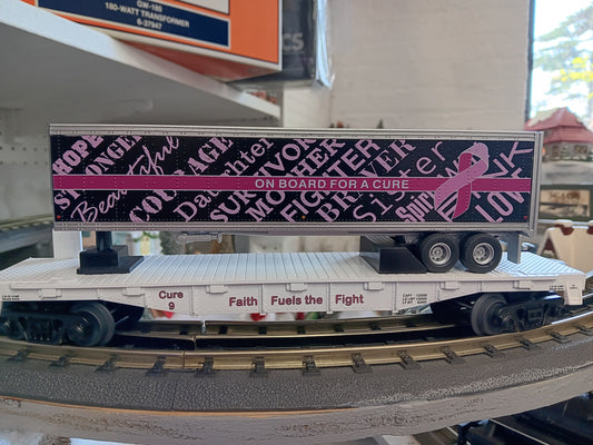 Custom MTH RailKing # 30-76980 Cure 9 Cancer Awareness Flat Car w/ 40’ Trailer